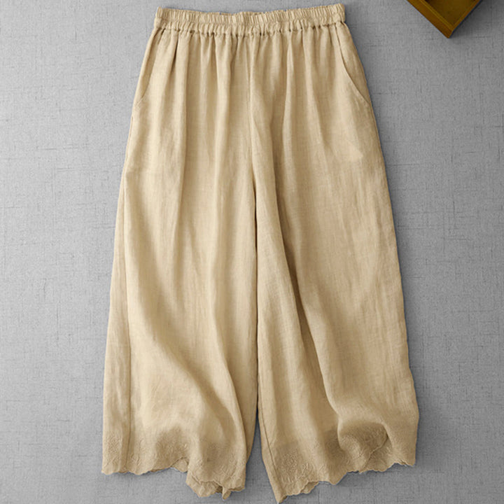Buddha Stones Commute Einfarbige Spitzenstickerei-Design Baumwolle Damen Weite Beinhose mit Taschen - image 15