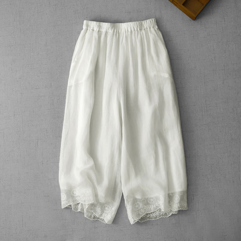 Buddha Stones Commute Einfarbige Spitzenstickerei-Design Baumwolle Damen Weite Beinhose mit Taschen - Weiß - US8-10， UK/AU12-14，EU40-42 (2XL) - image 0