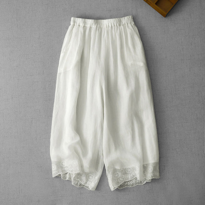 Buddha Stones Commute Einfarbige Spitzenstickerei-Design Baumwolle Damen Weite Beinhose mit Taschen - Weiß - US8-10， UK/AU12-14，EU40-42 (2XL) - image 0