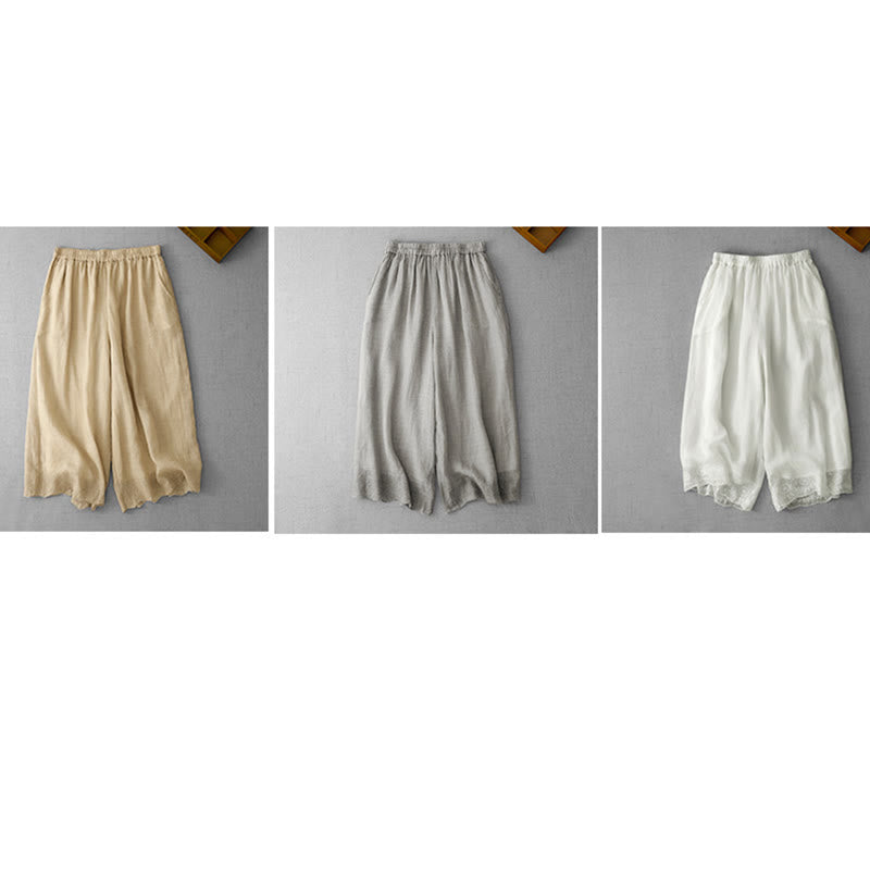 Buddha Stones Commute Einfarbige Spitzenstickerei-Design Baumwolle Damen Weite Beinhose mit Taschen