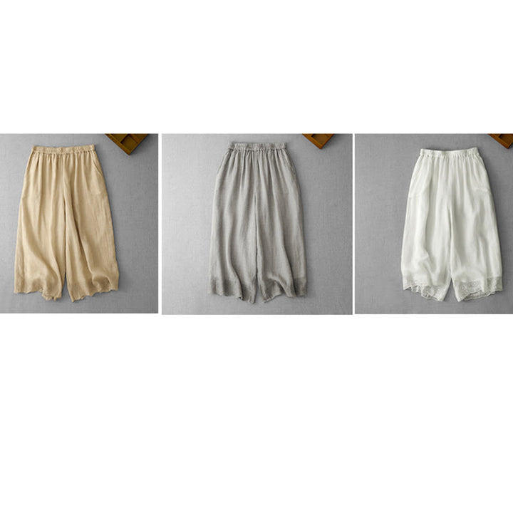 Buddha Stones Commute Einfarbige Spitzenstickerei-Design Baumwolle Damen Weite Beinhose mit Taschen