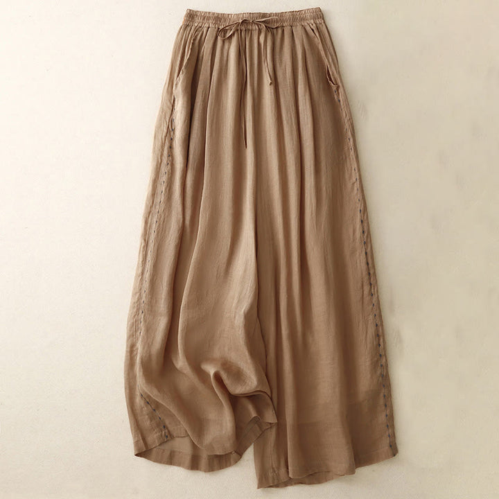 Buddha Stones Commute Einfarbige Stickerei Kordelzug Damen Weites Bein Knöchellange Baumwollhose mit Taschen