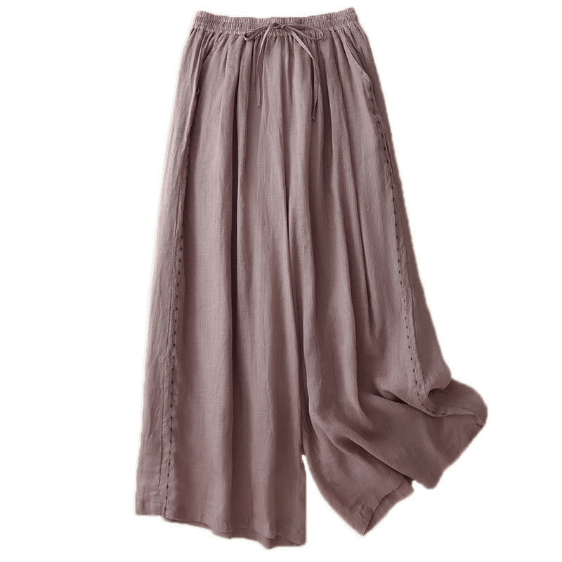 Buddha Stones Commute Einfarbige Stickerei Kordelzug Damen Weites Bein Knöchellange Baumwollhose mit Taschen