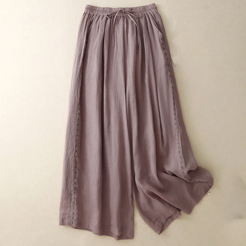 Buddha Stones Commute Einfarbige Stickerei Kordelzug Damen Weites Bein Knöchellange Baumwollhose mit Taschen