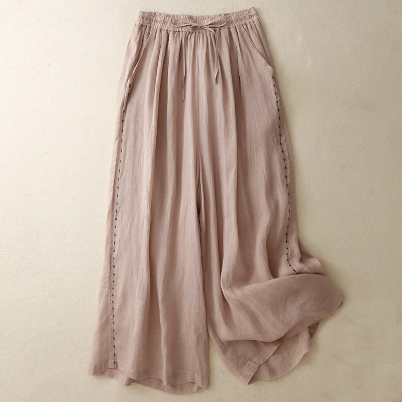 Buddha Stones Commute Einfarbige Stickerei Kordelzug Damen Weites Bein Knöchellange Baumwollhose mit Taschen