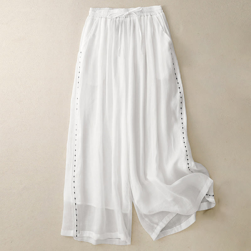 Buddha Stones Commute Einfarbige Stickerei Kordelzug Damen Weites Bein Knöchellange Baumwollhose mit Taschen