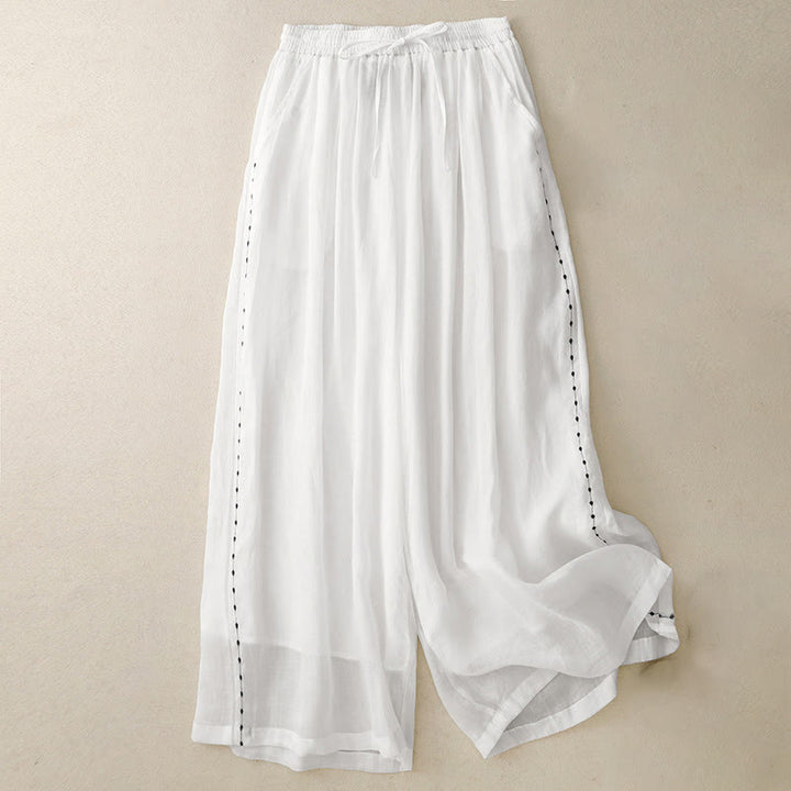 Buddha Stones Commute Einfarbige Stickerei Kordelzug Damen Weites Bein Knöchellange Baumwollhose mit Taschen