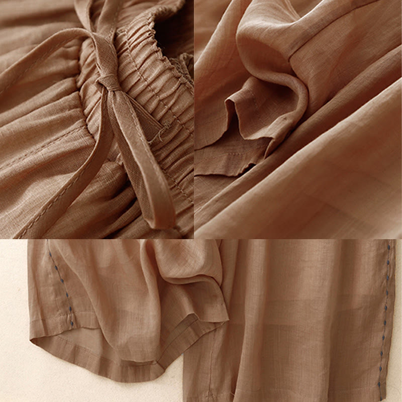 Buddha Stones Commute Einfarbige Stickerei Kordelzug Damen Weites Bein Knöchellange Baumwollhose mit Taschen
