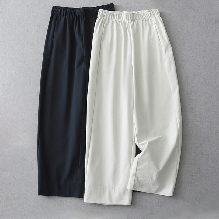 Buddha Stones Commute Lässige, einfarbige, knöchellange Baumwollhose mit weitem Bein für Damen mit Taschen