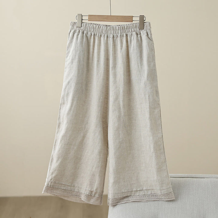 Buddha Stones Commute Retro-Baumwollhose mit weitem Bein und Taschen, schlichtes Spitzen-Patchwork-Design, Länge 7–8