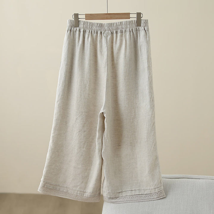 Buddha Stones Commute Retro-Baumwollhose mit weitem Bein und Taschen, schlichtes Spitzen-Patchwork-Design, Länge 7–8
