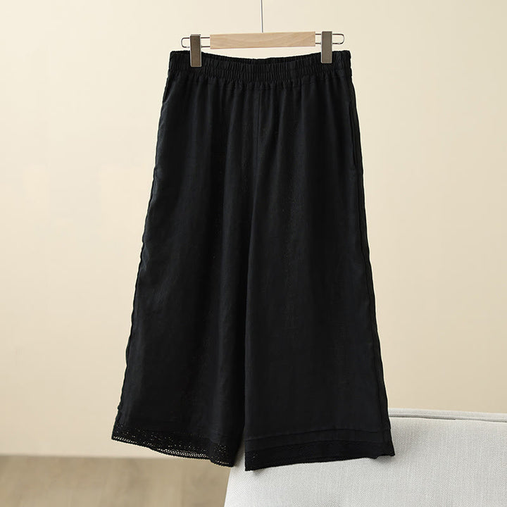 Buddha Stones Commute Retro-Baumwollhose mit weitem Bein und Taschen, schlichtes Spitzen-Patchwork-Design, Länge 7–8