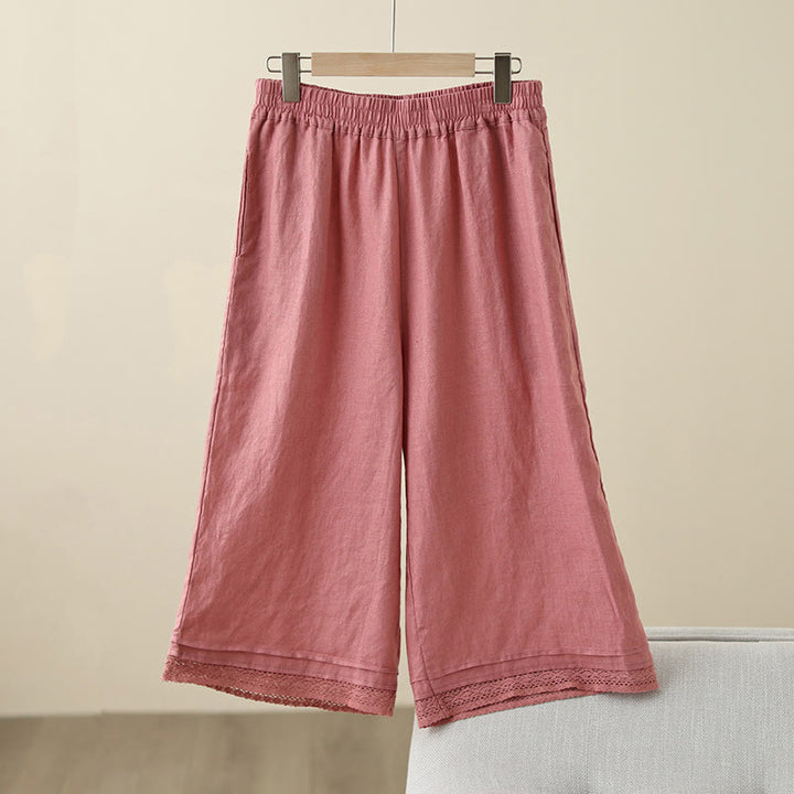 Buddha Stones Commute Retro-Baumwollhose mit weitem Bein und Taschen, schlichtes Spitzen-Patchwork-Design, Länge 7–8