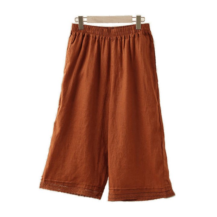 Buddha Stones Commute Retro-Baumwollhose mit weitem Bein und Taschen, schlichtes Spitzen-Patchwork-Design, Länge 7–8