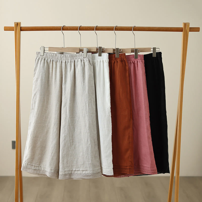 Buddha Stones Commute Retro-Baumwollhose mit weitem Bein und Taschen, schlichtes Spitzen-Patchwork-Design, Länge 7–8