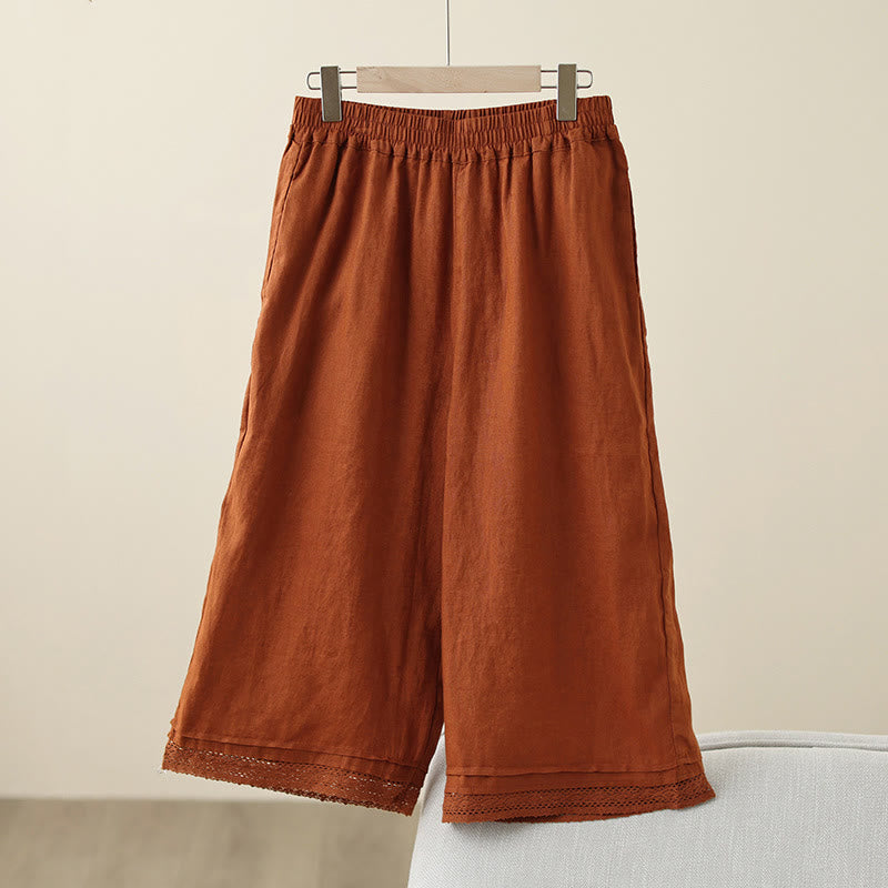 Buddha Stones Commute Retro-Baumwollhose mit weitem Bein und Taschen, schlichtes Spitzen-Patchwork-Design, Länge 7–8