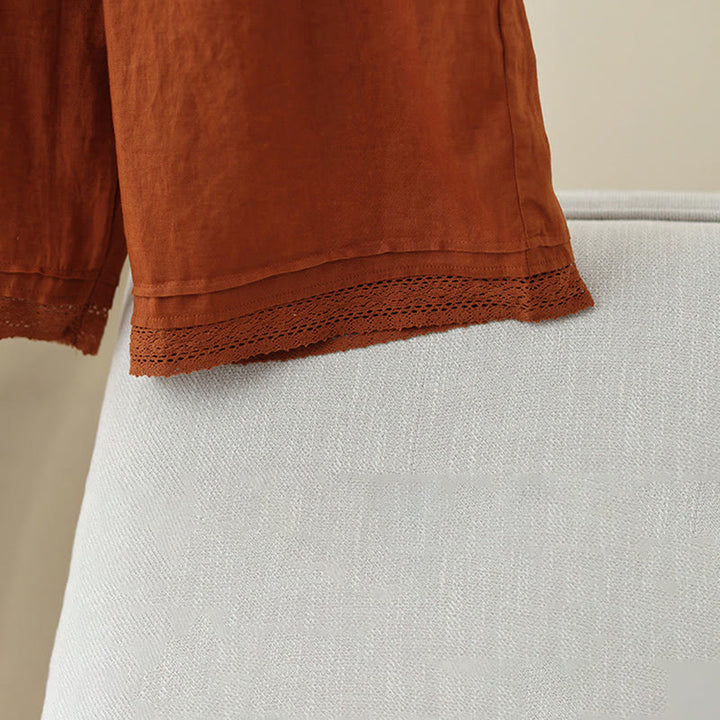 Buddha Stones Commute Retro-Baumwollhose mit weitem Bein und Taschen, schlichtes Spitzen-Patchwork-Design, Länge 7–8