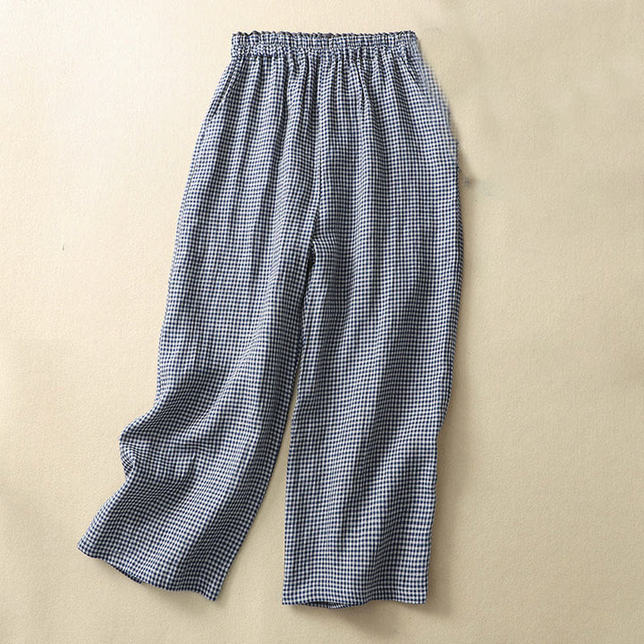 Buddha Stones Commute Casual Karomuster 7-8 Länge Damen Weite Hose aus Baumwollleinen mit Taschen