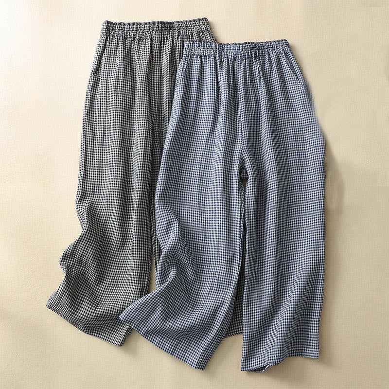 Buddha Stones Commute Casual Karomuster 7-8 Länge Damen Weite Hose aus Baumwollleinen mit Taschen - image 16