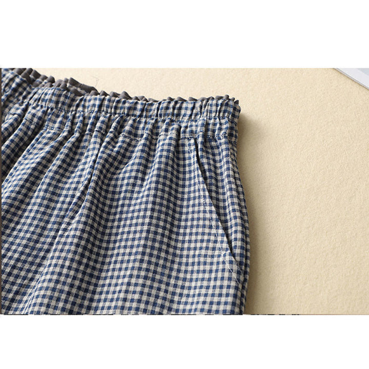 Buddha Stones Commute Casual Karomuster 7-8 Länge Damen Weite Hose aus Baumwollleinen mit Taschen