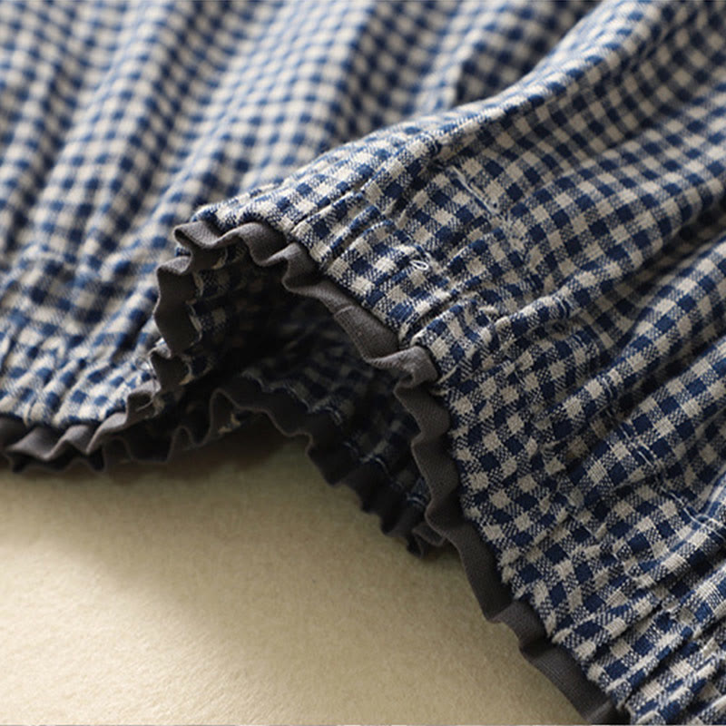 Buddha Stones Commute Casual Karomuster 7-8 Länge Damen Weite Hose aus Baumwollleinen mit Taschen - image 3