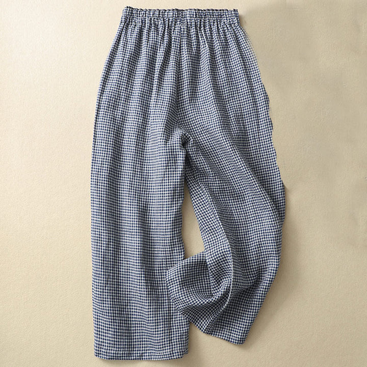 Buddha Stones Commute Casual Karomuster 7-8 Länge Damen Weite Hose aus Baumwollleinen mit Taschen