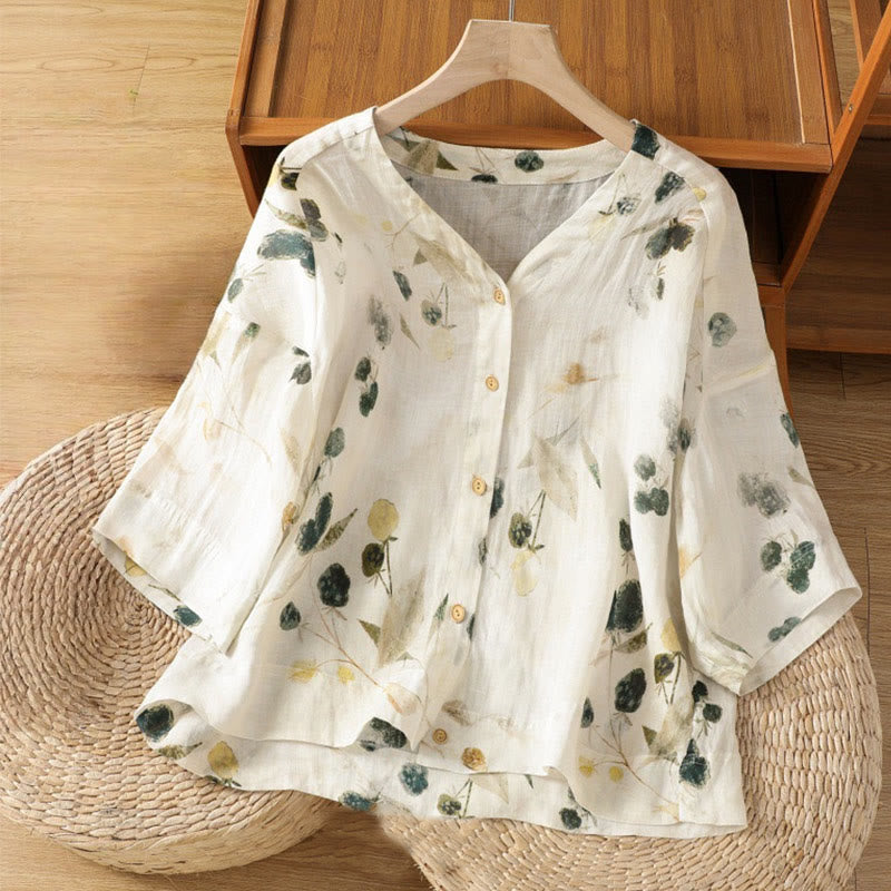 Damen-T-Shirt aus Polyester mit Dreiviertelärmeln, V-Ausschnitt, Knopfleiste und Buddha Stones -Motiv - Elfenbein - US14, UK/AU18, EU46 (2XL) - image 0