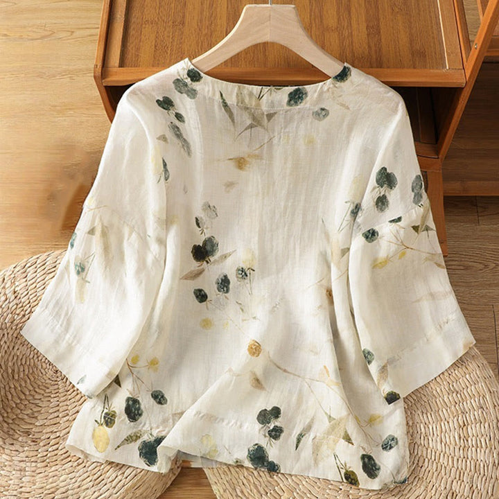 Damen-T-Shirt aus Polyester mit Dreiviertelärmeln, V-Ausschnitt, Knopfleiste und Buddha Stones -Motiv - image 1