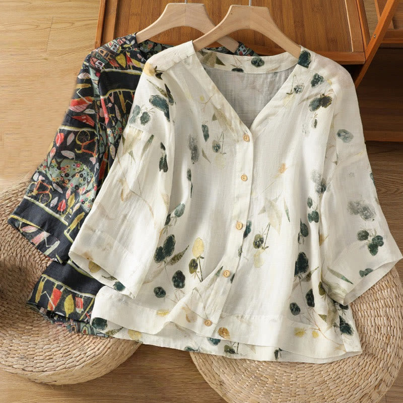 Buddha Stones Pflanzendruck V-Ausschnitt Knopfdesign Damen Polyester Dreiviertelärmel Hemd Strickjacke - image 16