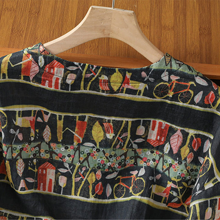 Buddha Stones Pflanzendruck V-Ausschnitt Knopfdesign Damen Polyester Dreiviertelärmel Hemd Strickjacke - image 11