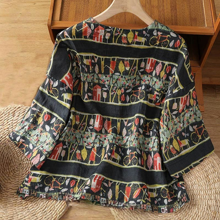 Buddha Stones Pflanzendruck V-Ausschnitt Knopfdesign Damen Polyester Dreiviertelärmel Hemd Strickjacke - image 10