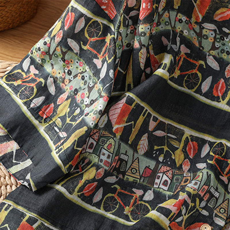 Buddha Stones Pflanzendruck V-Ausschnitt Knopfdesign Damen Polyester Dreiviertelärmel Hemd Strickjacke - image 12