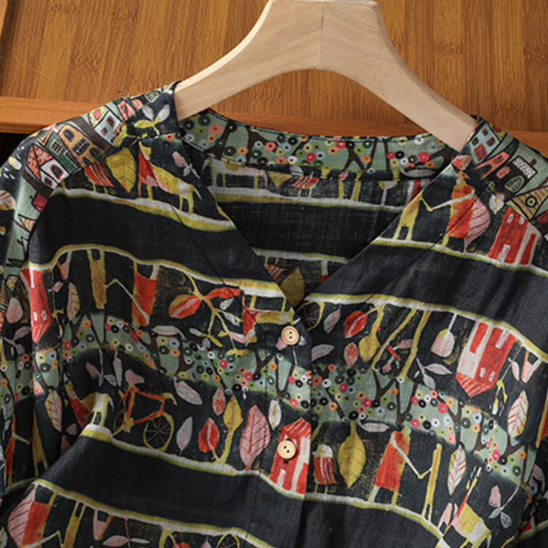 Buddha Stones Pflanzendruck V-Ausschnitt Knopfdesign Damen Polyester Dreiviertelärmel Hemd Strickjacke - image 14