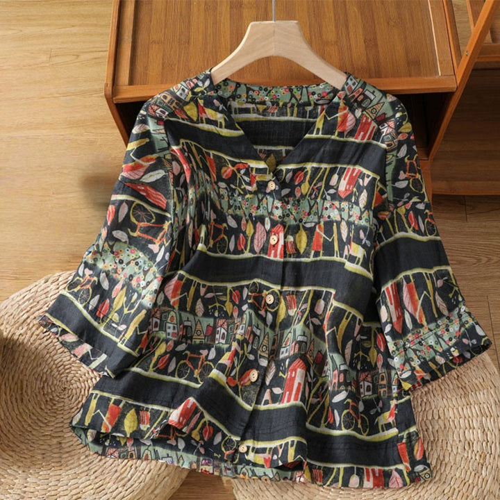 Buddha Stones Pflanzendruck V-Ausschnitt Knopfdesign Damen Polyester Dreiviertelärmel Hemd Strickjacke - Schwarz - US14， UK/AU18，EU46 (2XL) - image 9