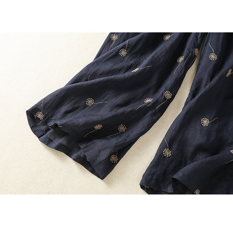 Buddha Stones MidnightBlue Commute Casual Löwenzahnmuster Damenhose aus Baumwollleinen mit weitem Bein - image 9