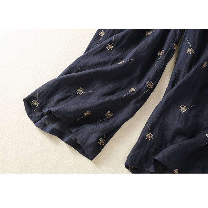 Buddha Stones MidnightBlue Commute Casual Löwenzahnmuster Damenhose aus Baumwollleinen mit weitem Bein - image 9