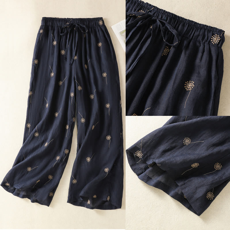 Buddha Stones MidnightBlue Commute Casual Löwenzahnmuster Damenhose aus Baumwollleinen mit weitem Bein - image 10