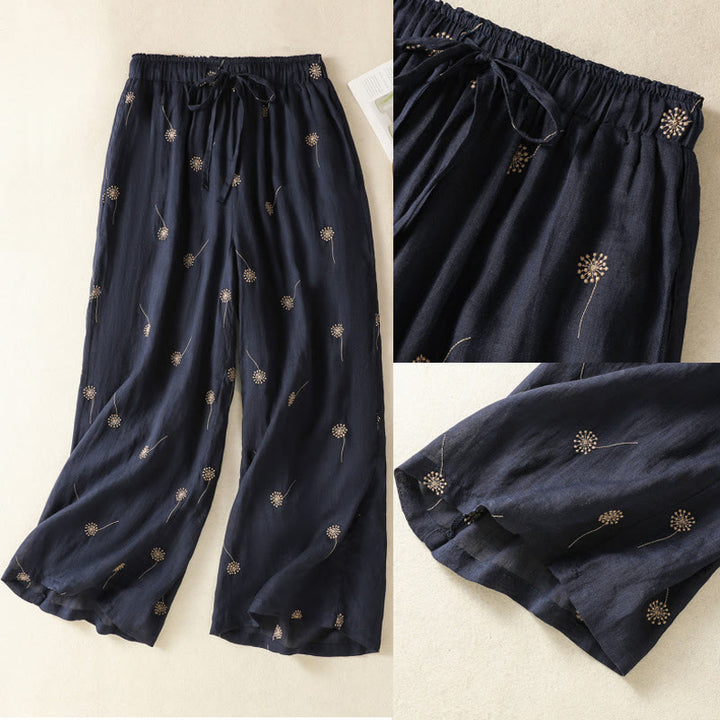 Buddha Stones MidnightBlue Commute Casual Löwenzahnmuster Damenhose aus Baumwollleinen mit weitem Bein - image 10