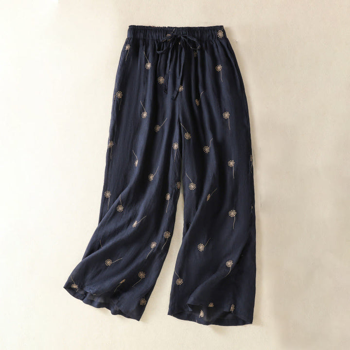 Buddha Stones MidnightBlue Commute Casual Löwenzahnmuster Damenhose aus Baumwollleinen mit weitem Bein - image 1