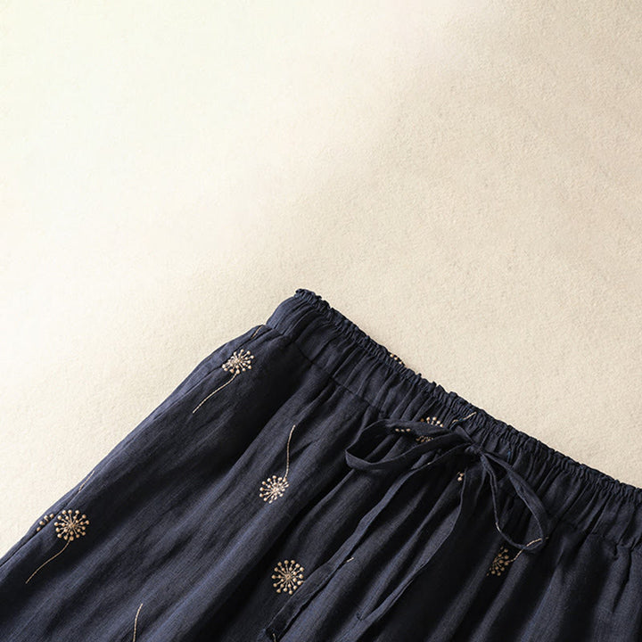 Buddha Stones MidnightBlue Commute Casual Löwenzahnmuster Damenhose aus Baumwollleinen mit weitem Bein - image 3