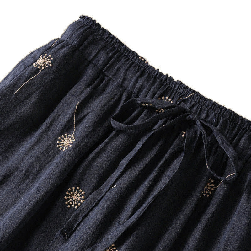 Buddha Stones MidnightBlue Commute Casual Löwenzahnmuster Damenhose aus Baumwollleinen mit weitem Bein - image 8