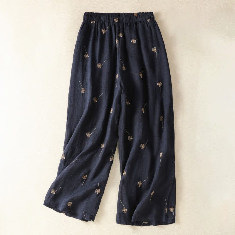 Buddha Stones MidnightBlue Commute Casual Löwenzahnmuster Damenhose aus Baumwollleinen mit weitem Bein - Mitternachtsblau - US8-10， UK/AU12-14，EU40-42 (2XL) - image 0