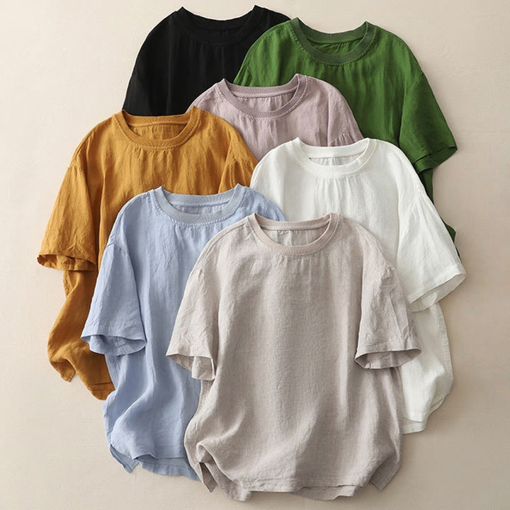 Buddha Stones Plain Threaded Crew Neck Design Damen Polyester Kurzarmhemd - image 33
