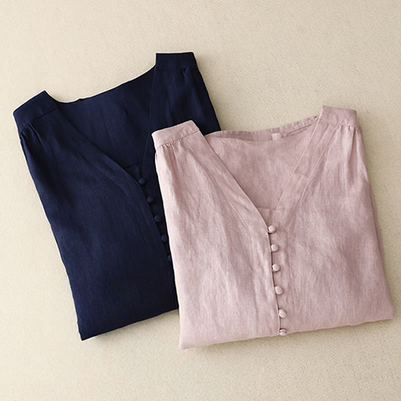 Buddha Stones V-Ausschnitt Design Damen Langarmshirt aus Baumwolle und Leinen - image 1