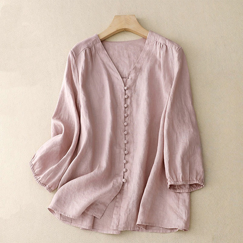 Buddha Stones V-Ausschnitt Design Damen Langarmshirt aus Baumwolle und Leinen - Rosa - US8-10， UK/AU12-14，EU40-42 (2XL) - image 0