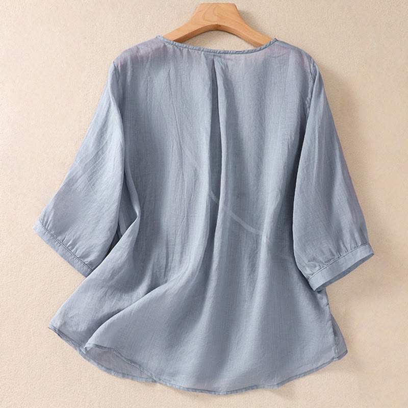 Damen-Baumwoll-Leinen-Shirt mit halben Ärmeln und Buddha Stones -Stickerei, Blumenmuster und Rundhalsausschnitt. - image 1