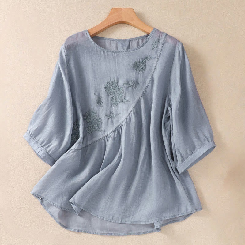 Damen-Baumwoll-Leinen-Shirt mit halben Ärmeln und Buddha Stones -Stickerei, Blumenmuster und Rundhalsausschnitt. - Kornblumenblau - US 8-10, UK/AU 12-14, EU 40-42 (2XL) - image 0