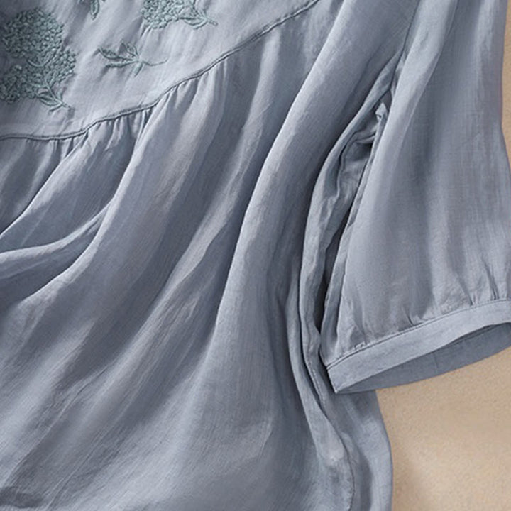 Damen-Baumwoll-Leinen-Shirt mit halben Ärmeln und Buddha Stones -Stickerei, Blumenmuster und Rundhalsausschnitt. - image 5