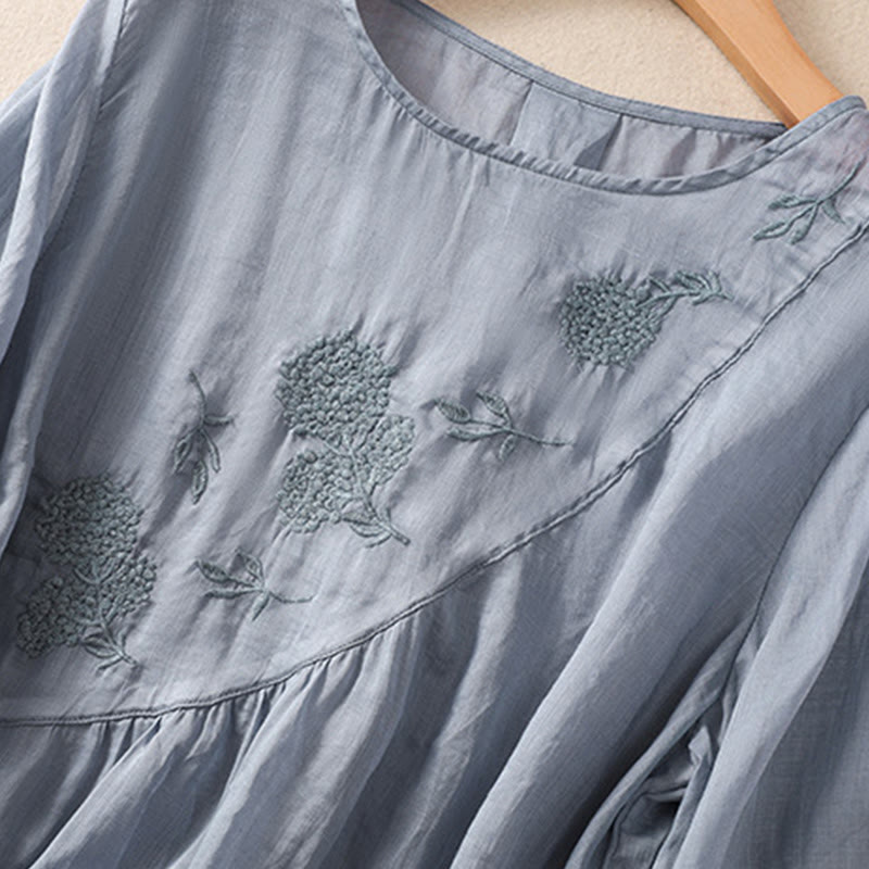 Damen-Baumwoll-Leinen-Shirt mit halben Ärmeln und Buddha Stones -Stickerei, Blumenmuster und Rundhalsausschnitt. - image 6