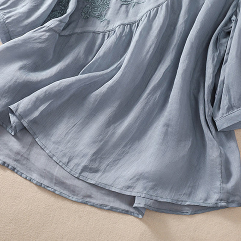 Damen-Baumwoll-Leinen-Shirt mit halben Ärmeln und Buddha Stones -Stickerei, Blumenmuster und Rundhalsausschnitt. - image 4